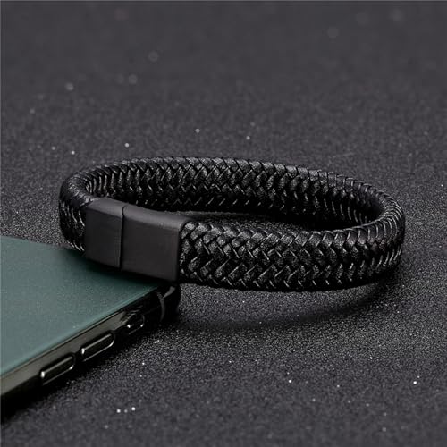 Men's Leather Bracelet, Stackable Stainless Steel Clasp Bracelets for Men Stylish Birthday, Thanksgiving, Valentine's Day Gift for My Man - style: 8.6" Pure Black