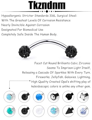 16g 8/10mm Silver/Black/Rose-Gold/Rainbow Eyebrow Piercing Jewelry Rings Curved Barbell Vertical Labret Lip Surgical Steel Small Belly Button Snake Eyes Tongue Rook Earrings for Women Men - color: Black / Blue, size: 16g*8mm*3mm