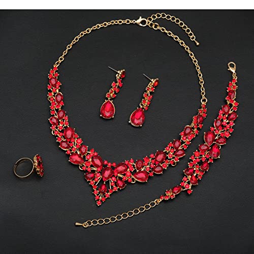 CSY 4 Pcs/Set Austrian Crystal Necklace Earrings Bracelet Ring Bridal Jewelry Sets for Brides Wedding Party Costume Accessories Gifts for Women - color: 02-gold plated-red