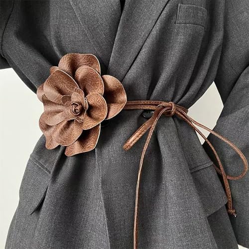 Boho Big Flower PU Leather Waist Belt Chain for Women Rose Floral Camellia Long Tassel Adjustable Waist Band Jewelry - color: Brown