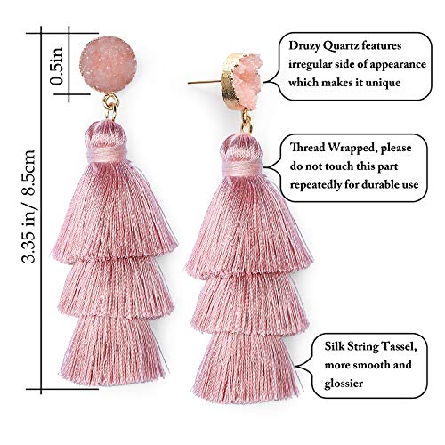 Me&Hz Colorful Layered Tassel Earrings Bohemian Statement Tiered Tassel Big Dangle Drop Earrings for Women Druzy Studs Valentine’s Day Gift - color: Blush Pink