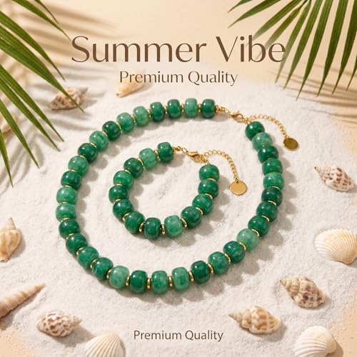 Gmai Chunky Bead Necklace and Bracelet Set for Women Boho Big Bead Statement Necklace Adjustable Fashion Trendy Summer Necklaces Jewelry Gift Set - color: green 2pcs set