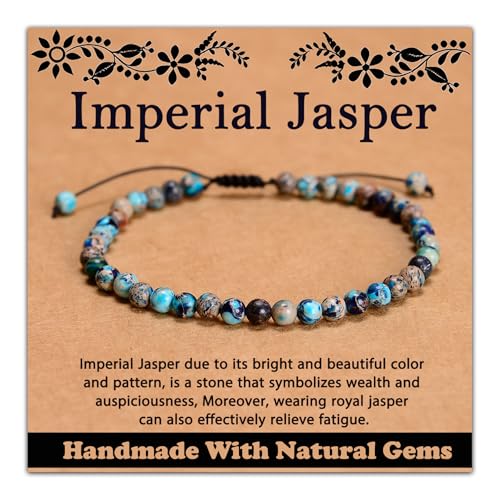 468Handmade Adjustable Natural Gemstone Crystal Bracelet Healing Power Energy Inspirational Gifts with Card for Unisex - color: 11-Imperial Jasper (Auspicious), size: 4mm