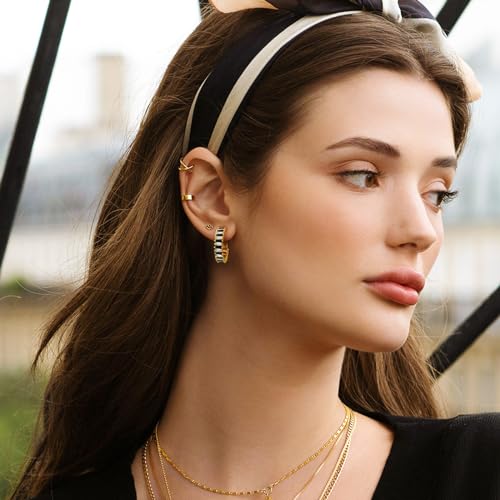 Trendy 14K Gold Plated Hoop Earrings for Women, Chunky Gold/Silver Earrings for Women Cubic Zirconia Baguette Hoop Earrings Heart Hoops Lightweight Hypoallergenic Jewelry,25mm/35mm/40mm/50mm - color: 01 Gold White and Black Hoops 25mm
