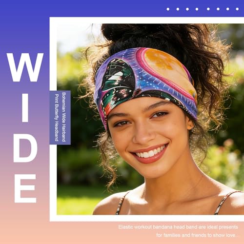 Olbye Wide Boho Headbands Headwrap Butterfly Stretch Button Hair Bands Bandana Yoga Running Athletic Turban Head Bands Head Scarfs Hair Accessories for Women 4Pcs (Boho)