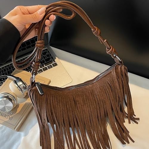 Women's Vegan Suede Fringe Crossbody Bag, Boho Crescent Shoulder Crossbody Purse, Retro Tassel Hippie Small Handbag Tote - color: Coffee