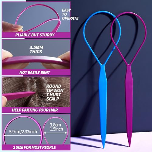 Teenitor 4pcs Pony Hair Tail Accessories, 2 Pairs French Braiding Tool, Turvy Styling Tool for Women Girls, Ponytail Pull Through Tool Purple/Blue - color: Purple/Blue
