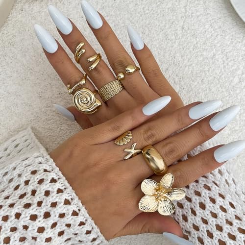 Chunky Gold Rings for Women Non Tarnish Boho Stackable Rings Set Adjustable Open Joint Finger Midi Knuckle Ring Packs - color: Gold Chunky Starfish Rings 8Pcs