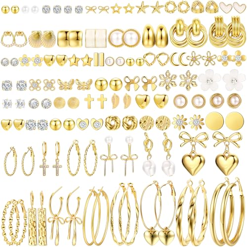 75 Pairs Gold Stud Earrings Set for Women, Trendy Hypoallergenic Pearl Cubic Zirconia Multiple Piercings Earrings Packs, Stud Hoops Earrings for Gift Jewelry - color: gold stud