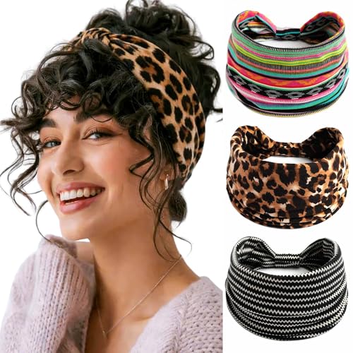Boho Headbands For Women Wide Head Bands Knotted Turban Head Wraps Stripe Hair Scarf Leopard Printed Womens Headband Stylish Sweatband Cute Hair Accessories For Teen Girls 3 Pcs - color: Style 145
