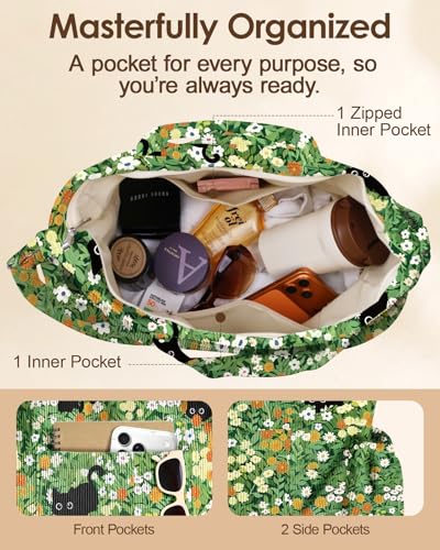 Miss Adola Crossbody Corduroy Tote Bag for Women, Large Tote Bag with Multi-Pockets and Zipper for Travel Work - color: Floral-cats