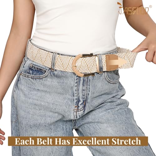 JASGOOD Straw Woven Belt for Women Dresses Boho Elastic Braided Belt Rattan Raffia Belts Ladies Wide Belt,1.97" Width - color: E-white&yellow, size: Fit waist size 25"-30"