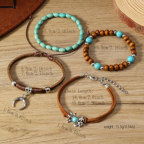 Western Turquoise Beaded Bracelet Stack - Vintage Cowgirl Stretch Set with Bull Skull, Feather & Boot Charms, Handmade Boho Jewelry for Rodeo, Country Concerts & Casual Western Outfits - style: Leaf