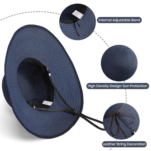 Sun Hats for Women, Straw Hats UPF 50+ Sun Protection, Wide Brim Womens Beach Hat for Summer Travel - color: Navy Blue