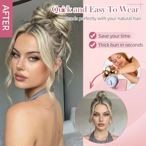Real Human Hair Messy Bun Hair Piece for Women, 32g Curly Updo Extensions Scrunchie, Natural Looking Fake Bun Hairpiece Faux Pieces for Thick Thin Hairs Ash Brown Mix Ash Blonde - color: Ash Brown Mix Ash Blonde
