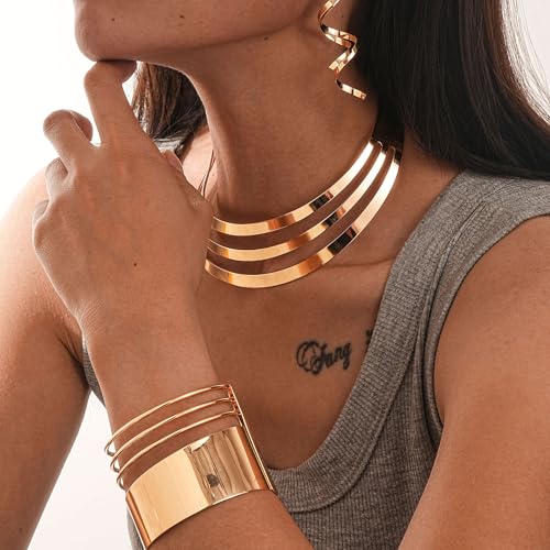 African Choker Necklace Bracelet Earrings Set for Women Dainty Chunky Gold Hoop Choker Necklace Wide Cuff Bangle Bracelets Exaggerated Ethnic Statement Jewelry Set for Women - style: AA
