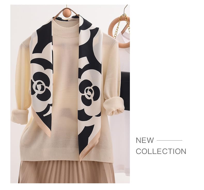 Women's Square Silk Like Head Scarf Large 35 inch Silk Feeling Hair Wrapping Satin Scarves for Sleeping Bandanas - color: A004-1 Twill Flower Rice White
