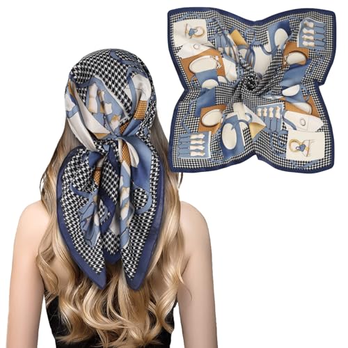 Relang Fashion Silk Satin Head Scarf for Women Hair Bandana Hair Scarf Wrap Neck Scarf for Women 27.5×27.5 inches - color: Blue Ribbon Houndstooth