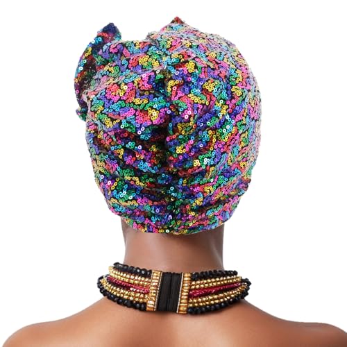 Erinaco Women Sparkle Sequin African Turban Bow Knot Pre-Tied Cap Pleated Ruffle Bonnet Beanie Hat Headwrap Skull Caps - color: Colorful Sequin