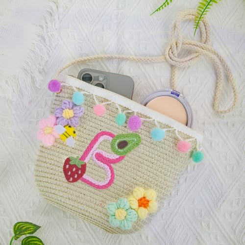 Letter Small Woven Straw Summer Beach Tote Bag for Women 2025,Woven Straw Beach Purse Shoulder Crossbody Bag for Women 2025 - color: Brown B