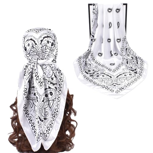 35” Satin Large Square Head Scarves-Like Silk Satin Scarf for Hair Wrapping at Night Bandana Square Scarf for Sleeping - color: Little Water Drop-white