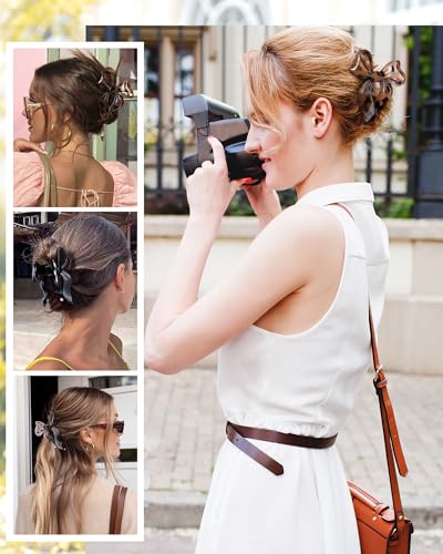 4 PCS Bow Hair Clips Bow Claw Clip for Women, Large Hair Claw Clips for Thin Thick Long Hair Cute Nonslip Bows (Black+Leopard Dark Brown+Leopard Light Brown+Gray) - color: Black+Leopard Dark Brown+Leopard Light Brown+Gray