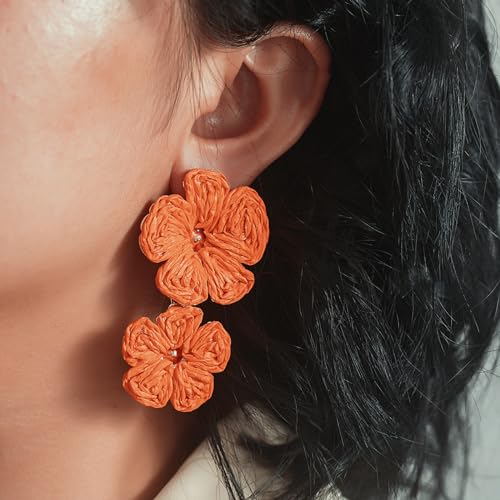 Boho Flower Earrings Statement Raffia Dangle Earrings Cute Floral Jewelry Trendy Summer Beach Vacation Outfits for Women - color: Orange