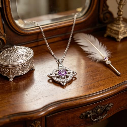 Mystical Birthstone Witches Knot Necklace – Natural Crystal Celtic Pendant, Wiccan Pagan Jewelry Gift for Women - color: June