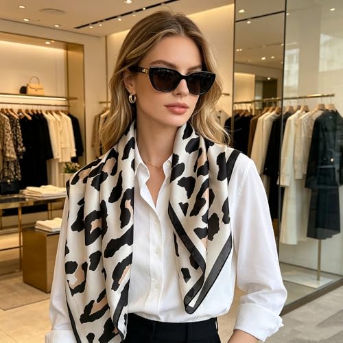 CHUNG Women's Scarf Hair Bandanas Square 27.5" Satin Wrap Fashion Pattern Scarves Emulation Silk Handbag Ribbons Necktie - color: Beige Leopard