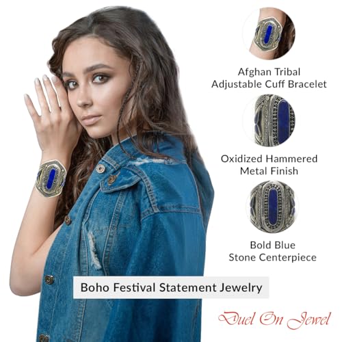 Duel On Jewel Afghan Baloch Tribal Wide Adjustable Cuff Bracelet for Women, Handmade Oxidized Alloy Wrist Cuff with Engraved Kuchi Inspired Design, Statement Bohemian Festival Jewelry, 0.8 to 3.5 Inch - style: Baloch Blue
