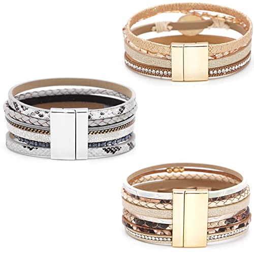 Leather Wrap Bracelet Set 3Pack Wrist Cuff Bracelet for Women Multilayer Magnetic Clasp Bracelet Feather Tree Bead Crystal Bracelet - color: Turquoise Pearl