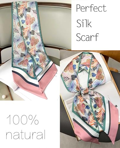 kcctoo 59” Long Silk Like Head Scarf Women's Fashion Square Neck Satin Scarfs for Bag Hair Scarves Gift 59 * 5.9” - color: Q1 Pink Leaf 59" X 5.9"
