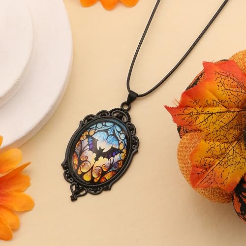 Halloween Gothic Witch Necklaces Cross Glass Pendant Necklace for Women Punk Vintage Black Dark Oval Cameo Necklace Witch Emo Necklaces Halloween Jewelry Witch Accessories 2025 - style: Bat