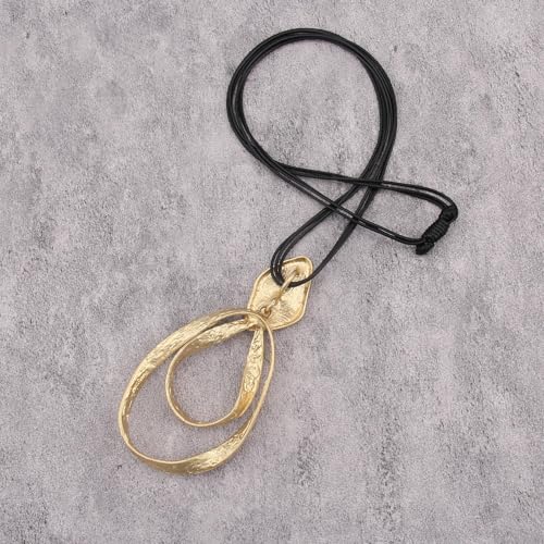 GelConnie Leather Necklace for Women Large Pendant Long Brown Necklace Circle Leather Choker Vintage Sweater Necklace Gold Chunky Boho Necklaces for Women - style: Big Circles Pendant