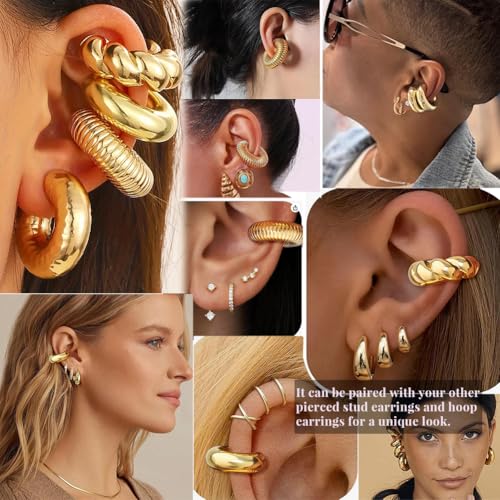 KISS WIFE 4 Pcs Chunky Ear Cuffs Non Piercing for Women, 14K Gold Plated Clip On Cartilage Hoop Earrings Jewelry Gifts - color: Gold