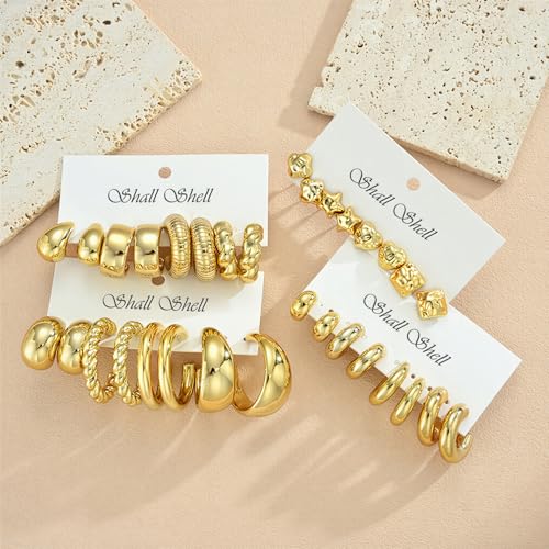 16 Pairs Starfish Chunky Gold Hoop Earrings Set for Women, Beach Shell Style Stack Statement Earrings, Hypoallergenic Lightweight Gold Plated Trendy Summer Jewelry Gift - color: gold-star