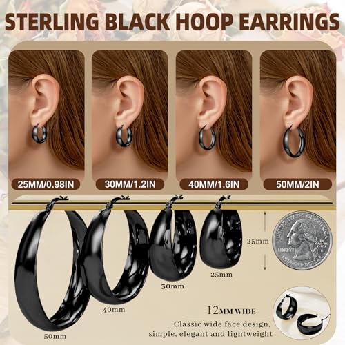 Senteria 12mm Wide Thick Hoop Earrings 925 Sterling Silver Hoop Earrings for Women Hypoallergenic 14K Real Gold Plated Hoops Large Earring Lightweight Chunky Hoops Earring for Women 25/30/40/50MM - color: Black-25mm