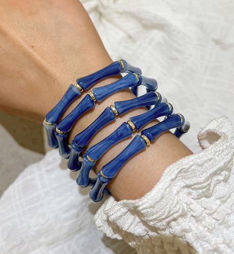 iF YOU 6pcs Chunky Acrylic Bangle Bracelets for Women, Resin Bamboo Brown Stretchy Bracelet Stack, Fashion Jewelry for Women - color: 5pcs-dark blue bracelets
