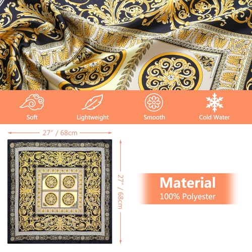 Stlvoll 27.5" Silk Neck Scarf of Women's Fashion Head Scarf Square Neck Satin Scarfs for Bag Hair Scarves Gift - color: Black/Gold