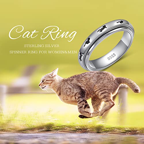 Ladytree Spinner Fidget Ring Sterling Silver Thumb Band for Women Anxiety Ring Platinum Plated Worry Stress Relief Just Breathe Boredom ADHD Autism Rings Boho Jewelry Gift - color: C-cats