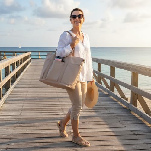 Waterproof Tote Bag with Zipper Foldable Beach Bag for Travel - color: Beige