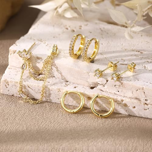 7Pcs Earring Stacks Cartilage Helix Flat Back Hoop Set For Women Stud Small Huggie Chain Multiple Piercing 14K Gold Plated Jewelry Triple Cubic Zirconia - color: 14K Gold Plated, size: Butterfly
