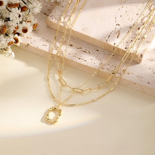 BERISO 14K Gold Plated Layered Necklace for Women, 3 Layer Dainty Gold Necklace with Minimalist Pendant, Elegant Everyday Gold Jewelry Gift - style: layered necklace-A