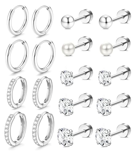 Incaton Hypoallergenic Flat Back Earrings for Women Silver 14K Gold Plated Surgical Stainless Steel Stud Earrings Cubic Zirconia Cartilage Studs Earrings For Multiple Piercing Sensitive Ears - color: J-Silver