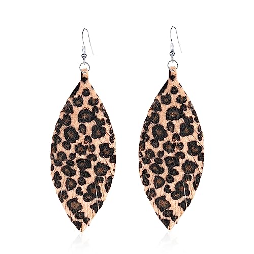 Large Genuine Soft leaf Leather Handmade Fringe Tassel Feather Lightweight Tear Drop Dangle Color Earrings for Women - color: Light Leopard