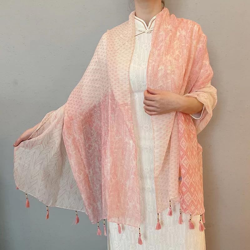 WaJuemy Travel Boho Scarf for Women Casual Lightweight Pashmina Scarves Fashion Multicolor Shawl Wraps with Fringed Beads - color: 201 Pink