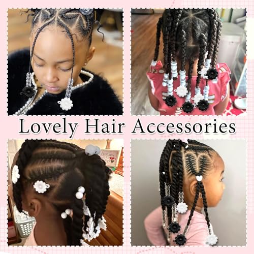 60PCS Black&White Braids Beads Cute Pony Beads for Hair Dreadlock Flower Self Hinge Hair Barrettes Loc Jewelry Accessories Plastic Hair Pins for Kids Girls - color: Black&White