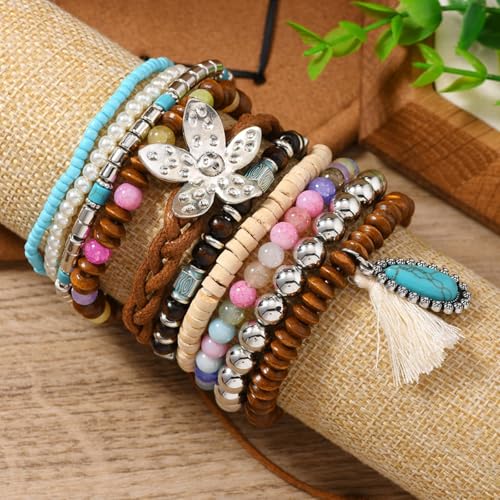 Long tiantian Western Turquoise Beaded Bracelet Set for Women Stackable Cowgirl Bracelets Boho Concho Jewelry Country Concert Rodeo Outfit Accessories Gifts - color: F1:western wooden dress
