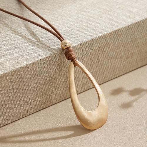 Brushed Gold Plated Classic Teardrop Pendant Long Necklace for Women, Adjustable Length Brown Wax Cord Sweater Chain Fashion Jewelry Gifts - color: Brushed Gold