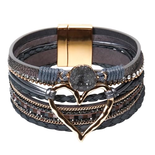 Leather Wrap Bracelet for Women, Boho Cuff Bracelet with Strong Clasp, Multi-Layer Crystal Leather Bracelet for Valentine Mother's Day - color: 01-Heart-Grey